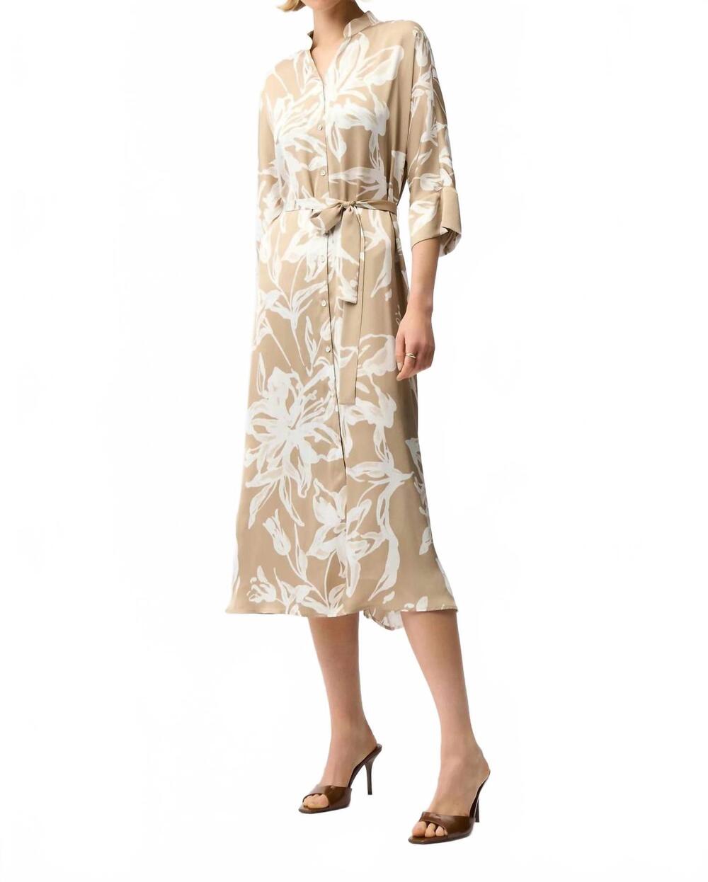 NEW JOSEPH RIBKOFF satin floral midi shirt dress in beige/vanilla
